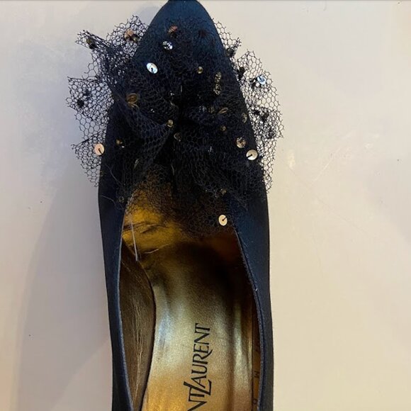 YSL Yves Saint Laurent VINTAGE 80's 6 1/2 Black Heels Tulle Sequin Pom Holidays - Picture 4 of 12